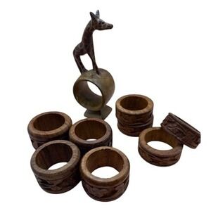 Hand Carved Wood Napkin Rings Various Lot Set Rustic Home Decor Giraffe‎